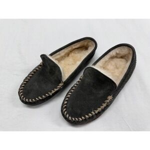 Minnetonka Kids Suede‎ Sheepskin Lined Moccasin Slippers Shoes Size 5 Gray